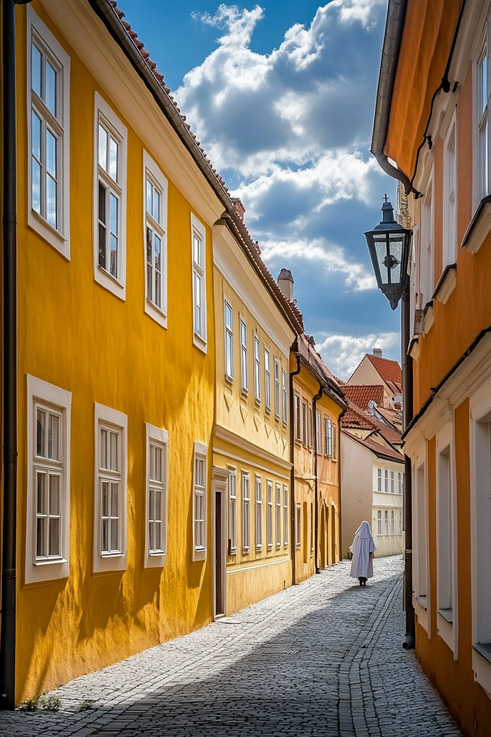 Charming cobblestone street with vibrant yellow buildings and blue sky