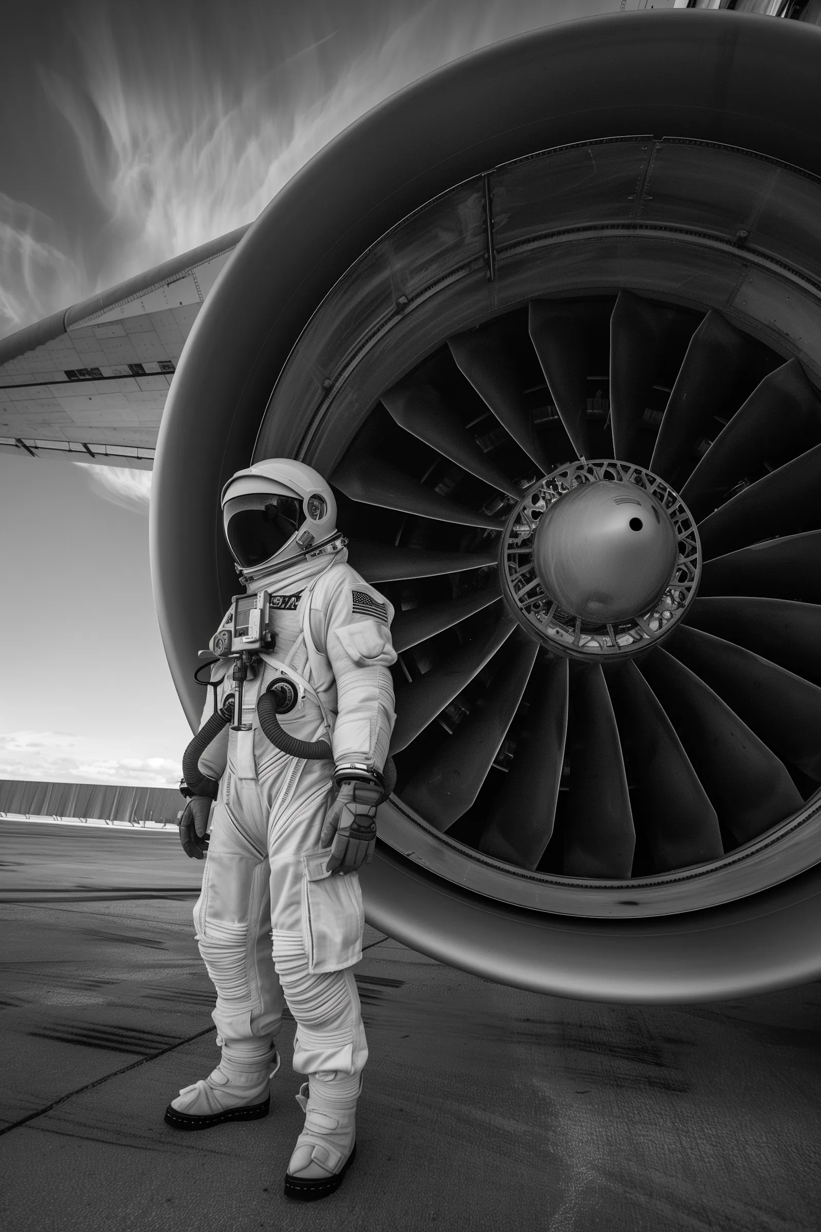 Astronaut in a white suit before a massive jet engine