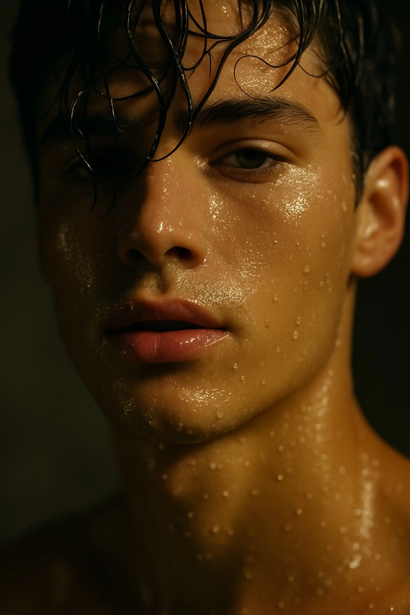 Close-up of a person with wet skin and water droplets