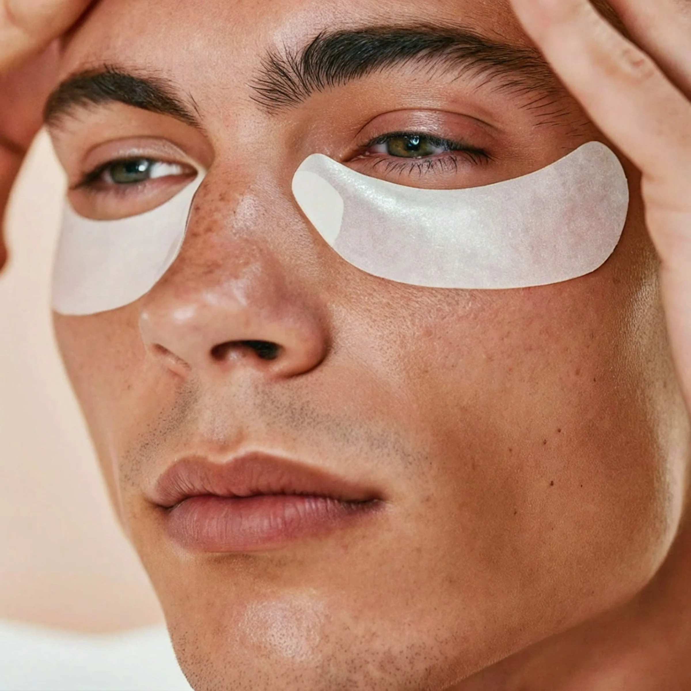 Man with under-eye patches, green eyes, and freckles