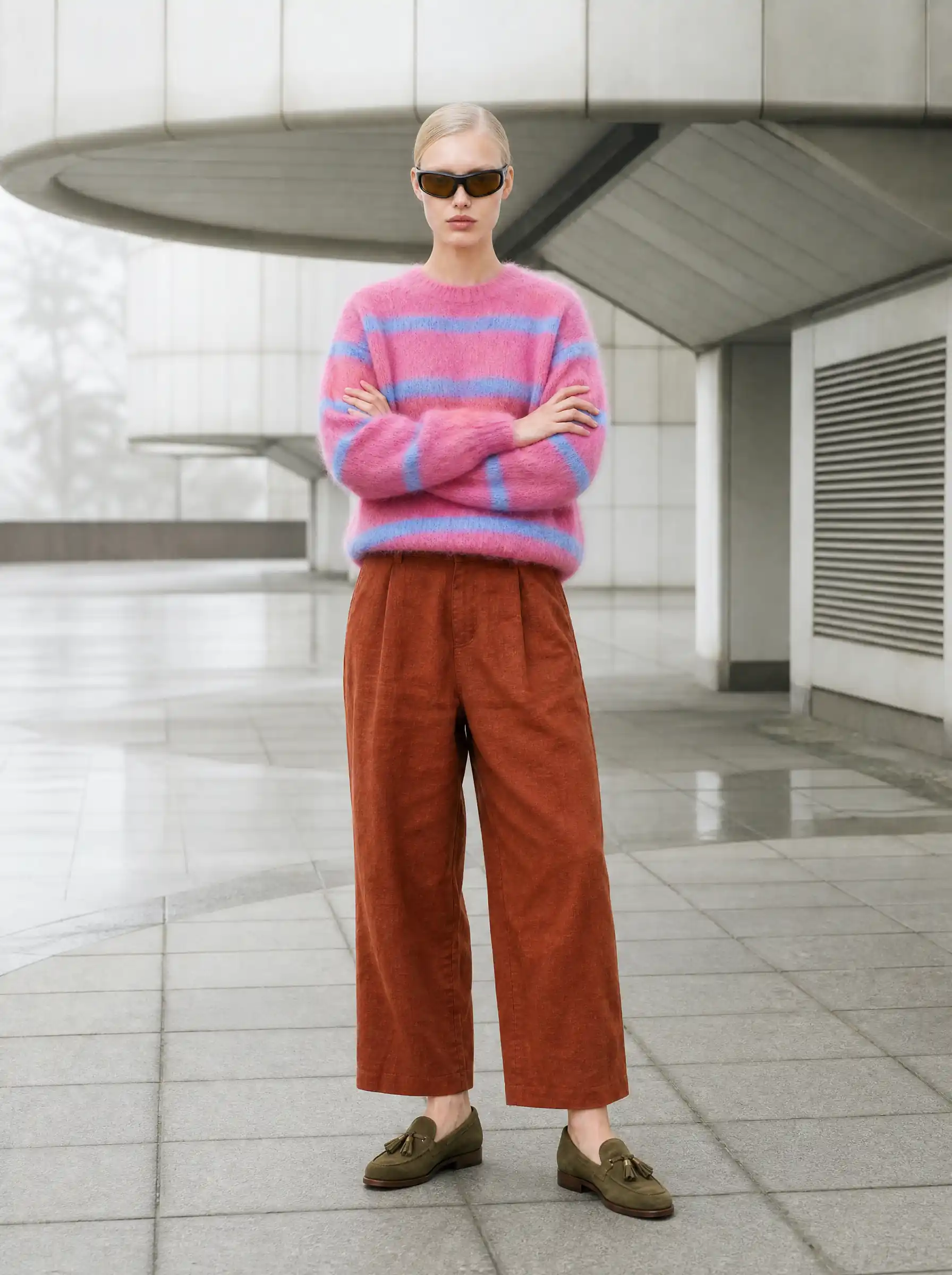 Blonde model in a pink striped mohair sweater, rust corduroy trousers and loafers, arms crossed by a concrete building