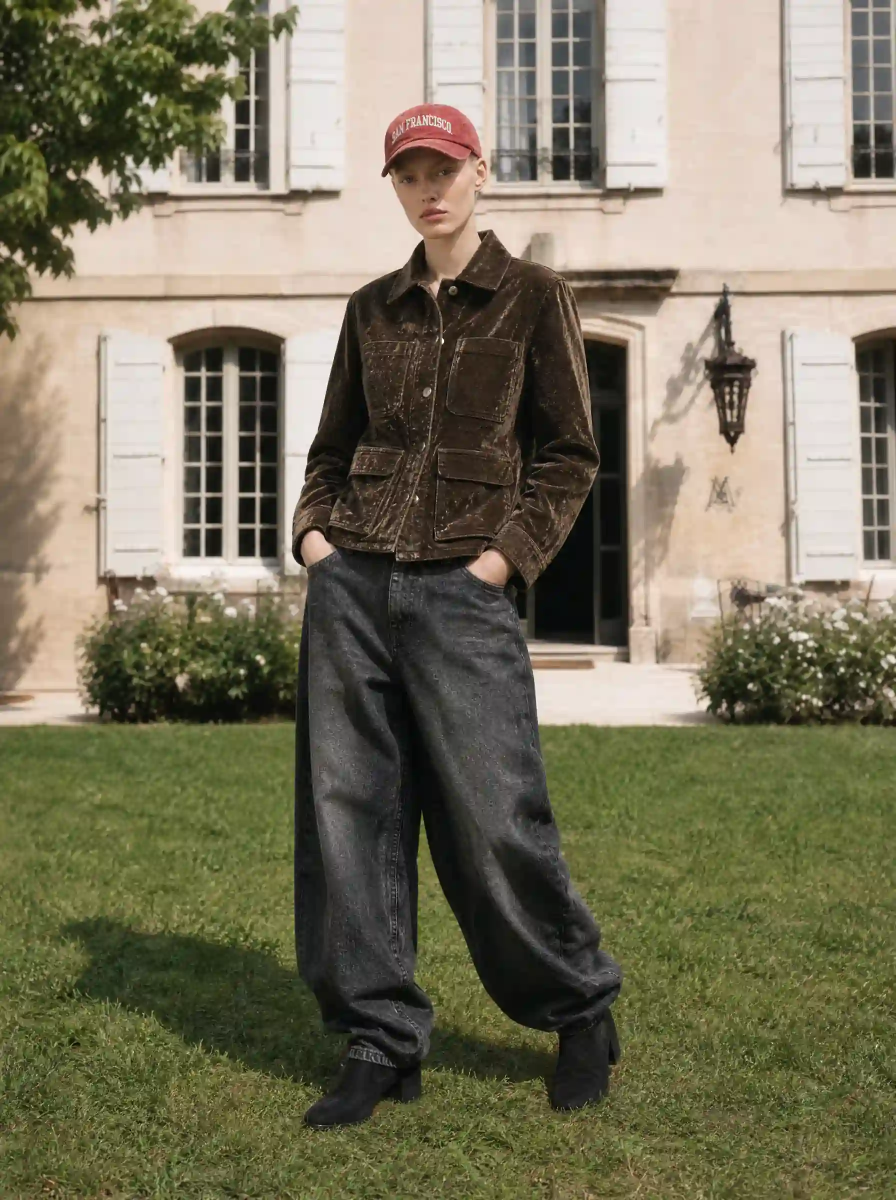 Model in a brown velvet jacket, baggy black jeans and a red cap, standing on a lawn in front of a stone country house