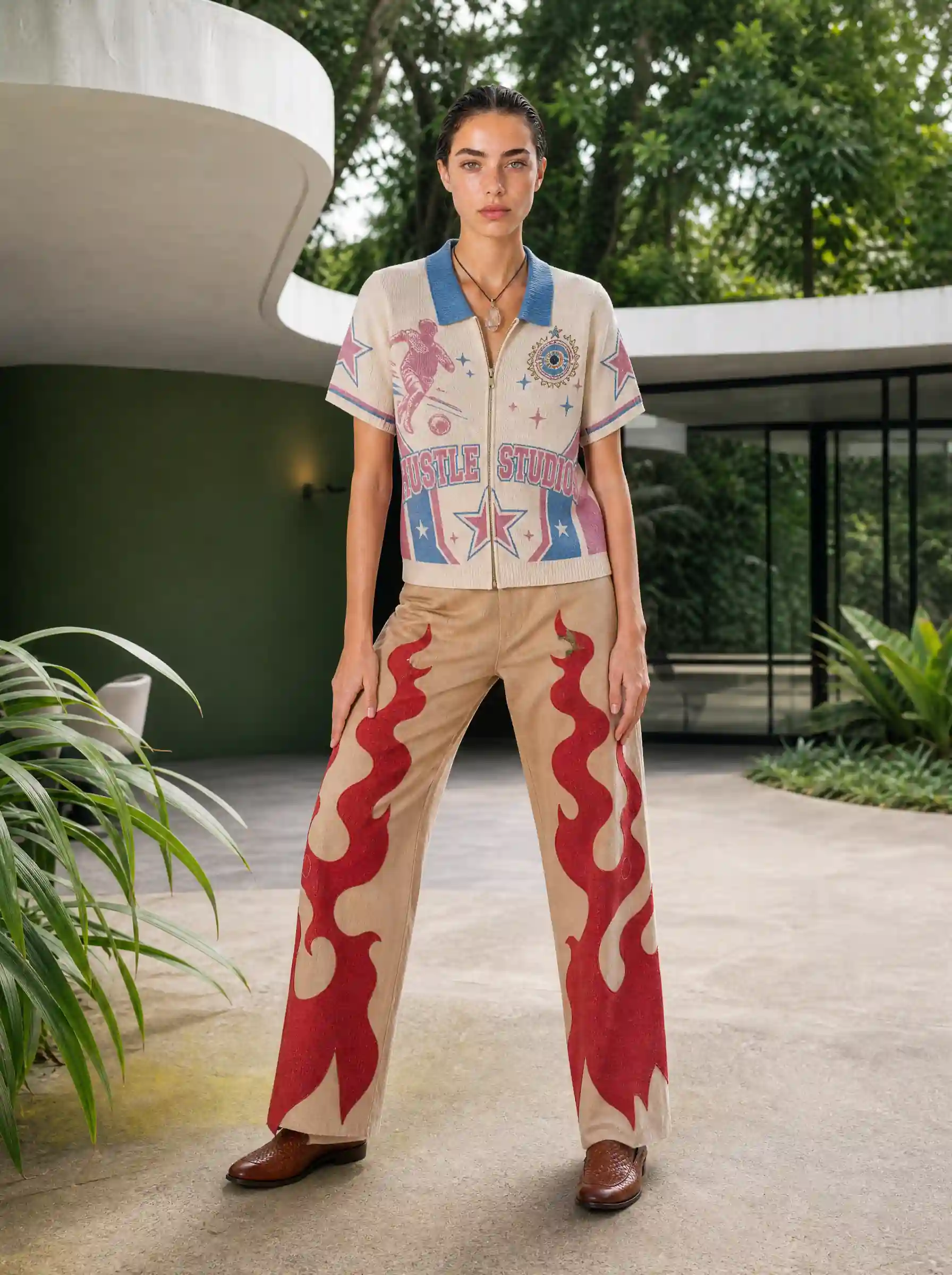 Model in a printed zip polo and cream flame-patterned trousers, standing in a plant-filled modern courtyard