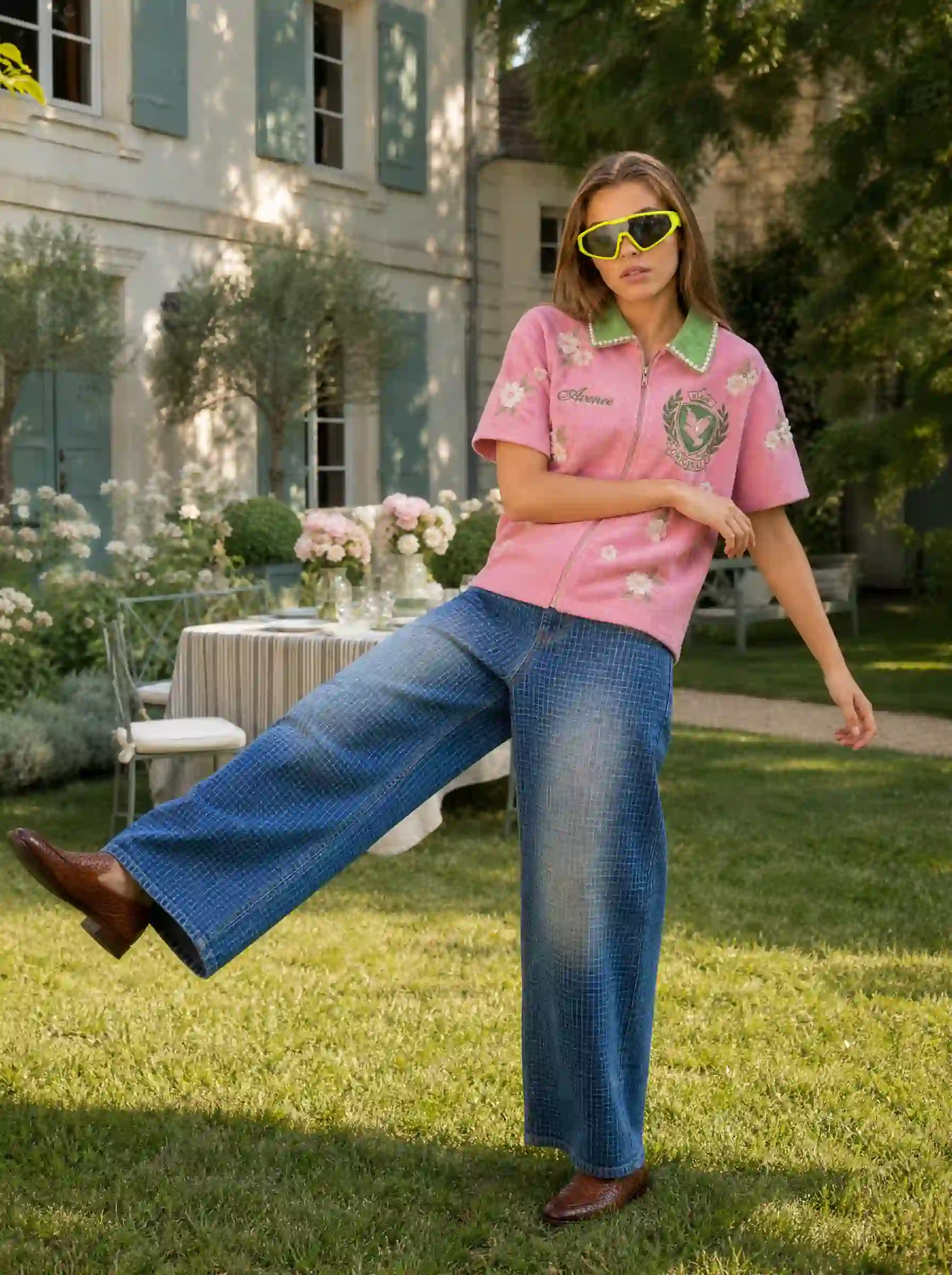 Model in a pink floral polo and wide denim jeans with yellow visor sunglasses, mid-kick on a lawn by a country house