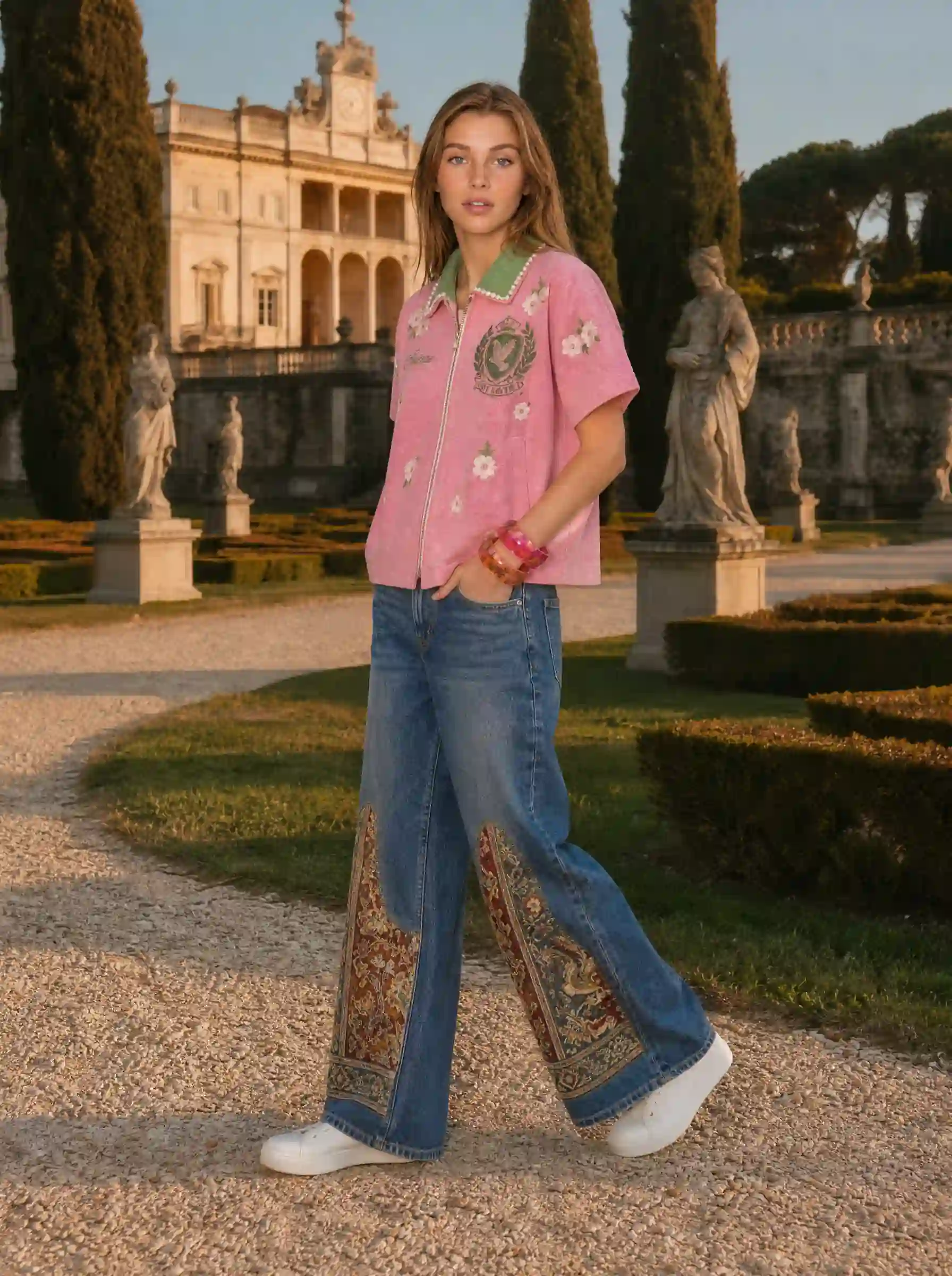 Model in a pink floral polo and carpet-panel flared jeans, walking a formal garden path with statues at golden hour