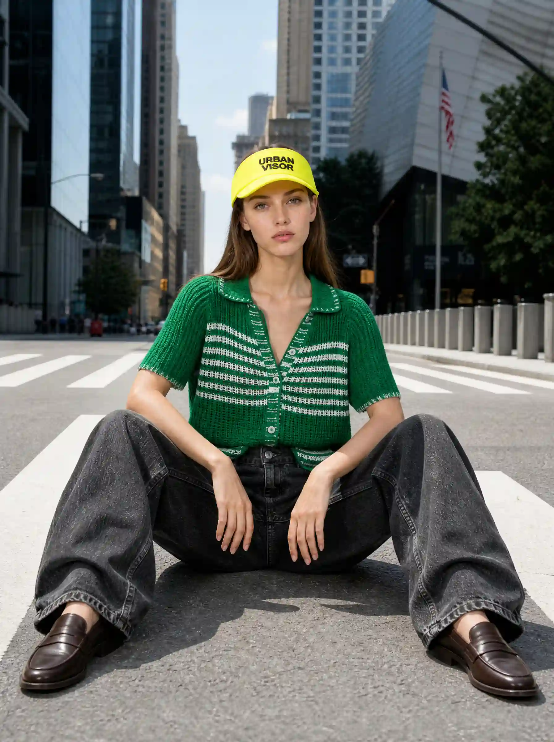 Model in a green striped knit polo, black jeans and loafers with a yellow cap, seated on a city crosswalk