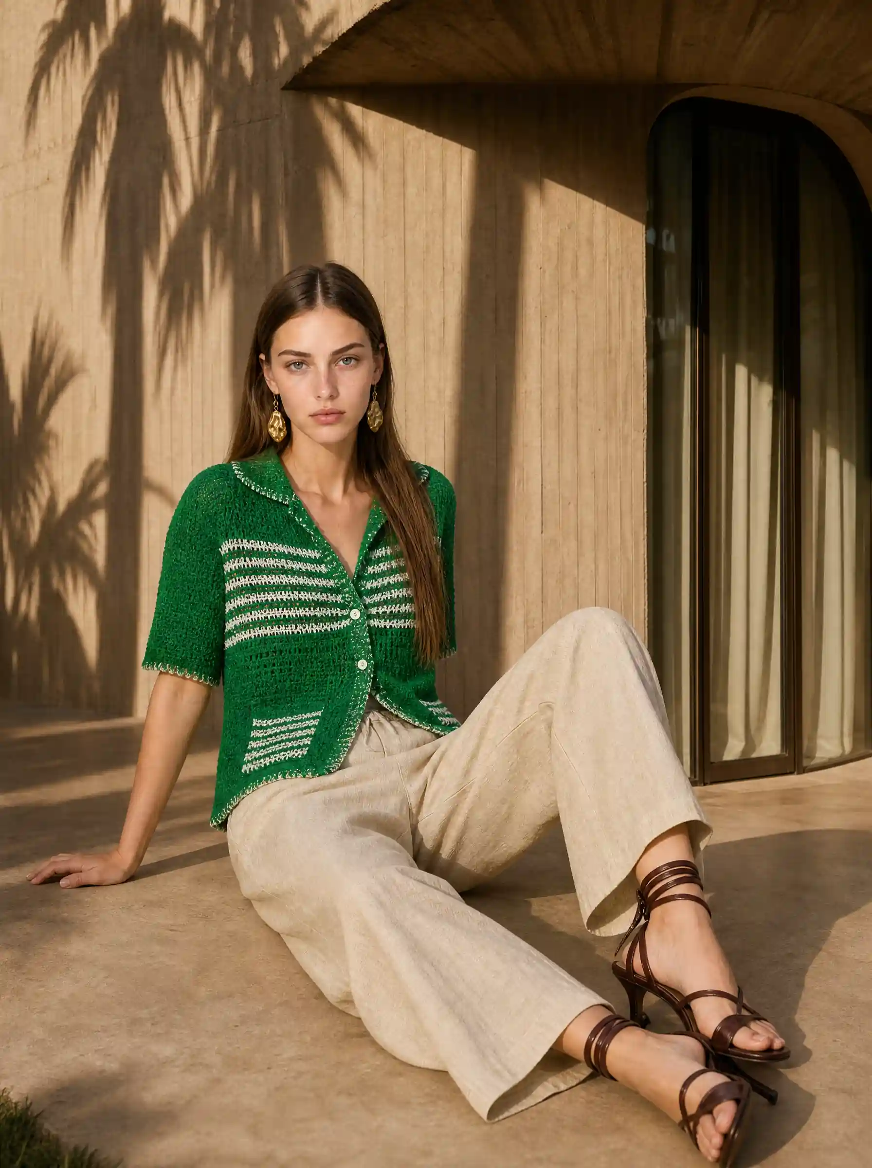 Model in a green striped crochet cardigan and cream linen trousers, seated against a sunlit textured wall