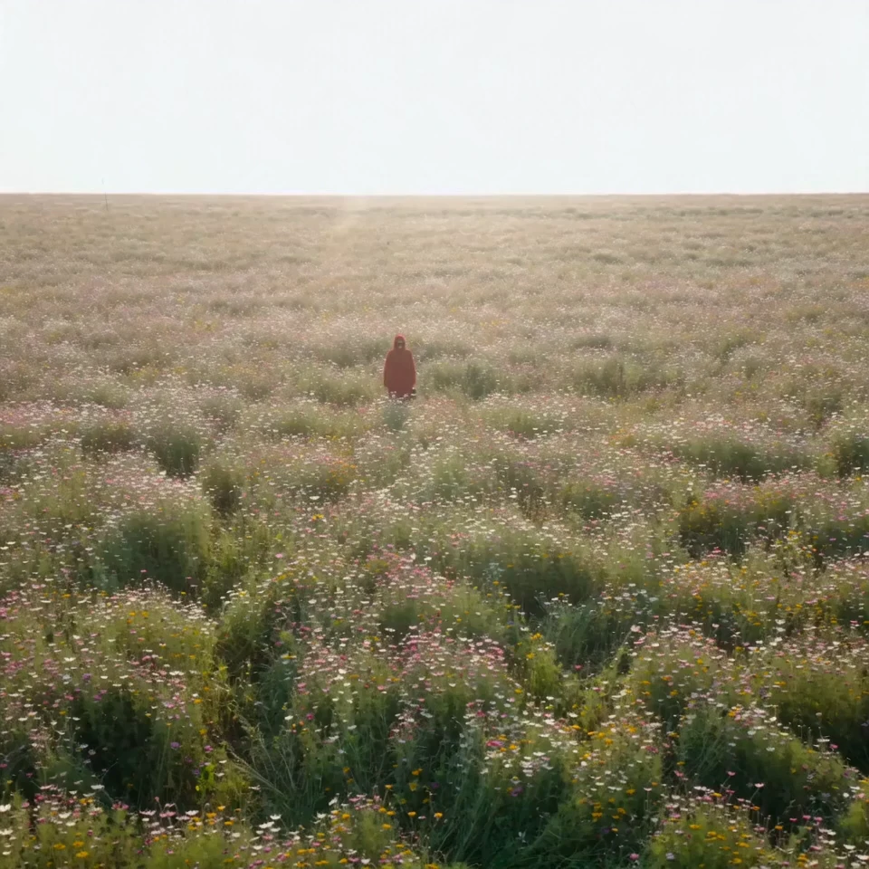 Lone hooded figure standing in a vast sunlit meadow of wildflowers under a pale sky. An editorial fashion scene