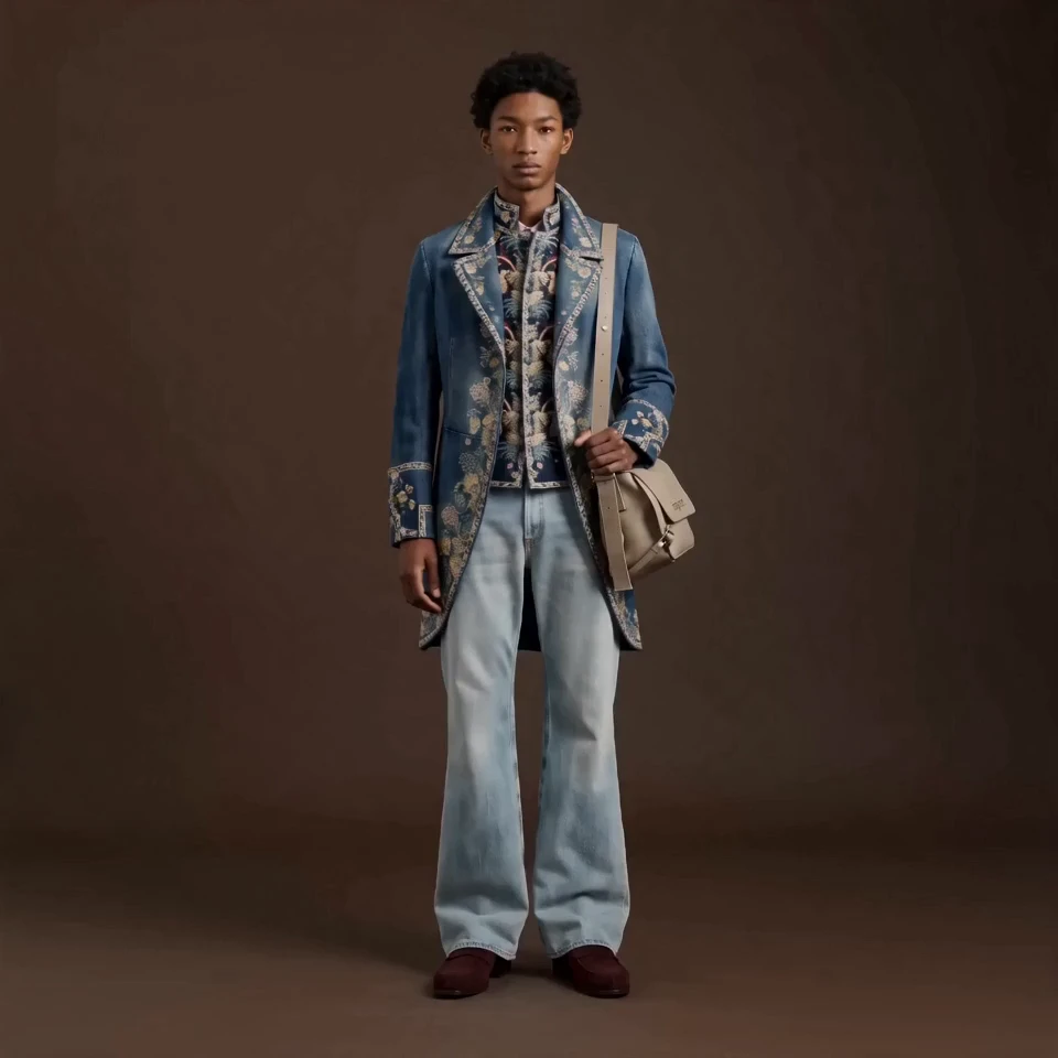 Male model in an embroidered blue coat and faded jeans with a shoulder bag, against a dark brown studio backdrop