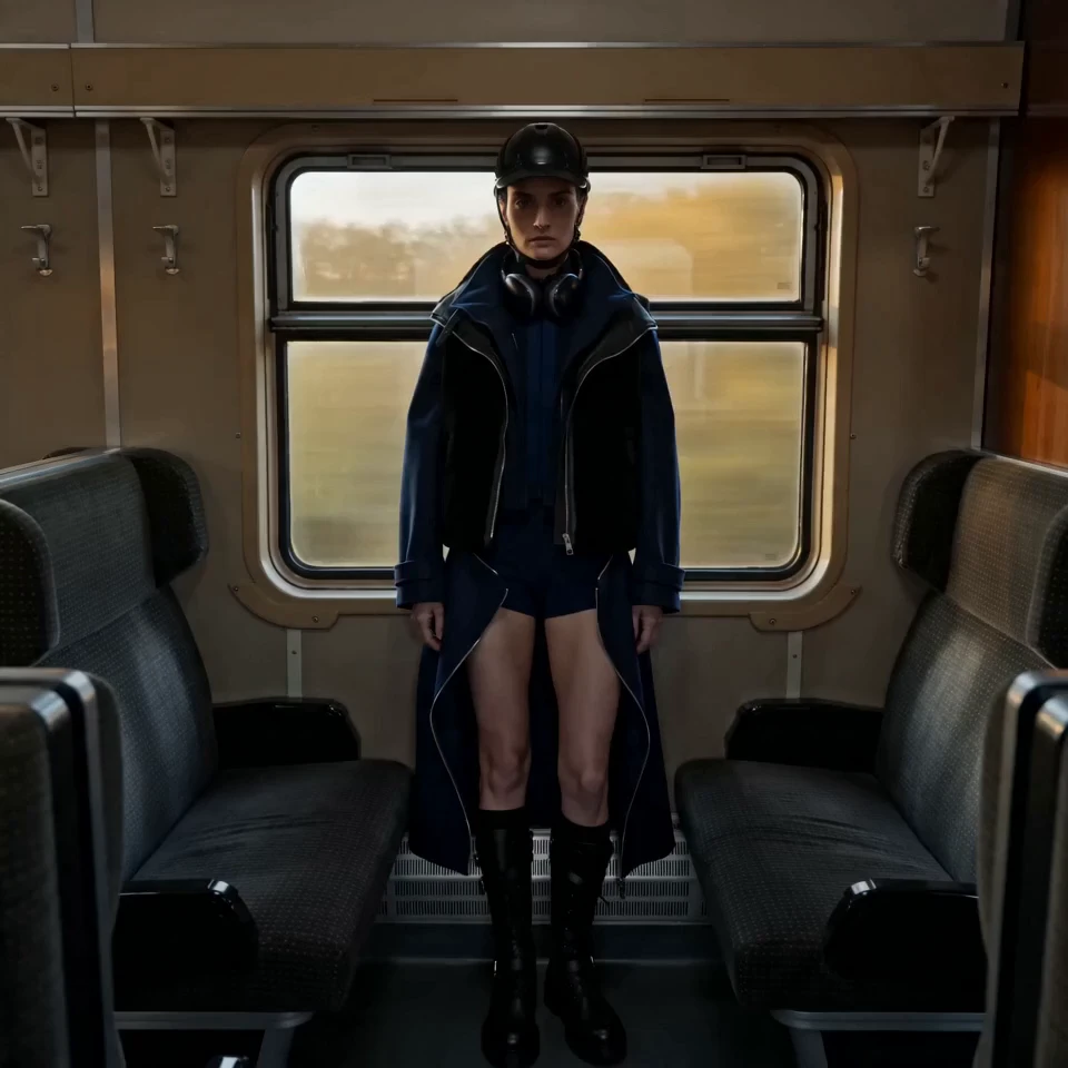 Model in a navy hooded coat and boots standing in a moving train carriage, framed by the window at dusk