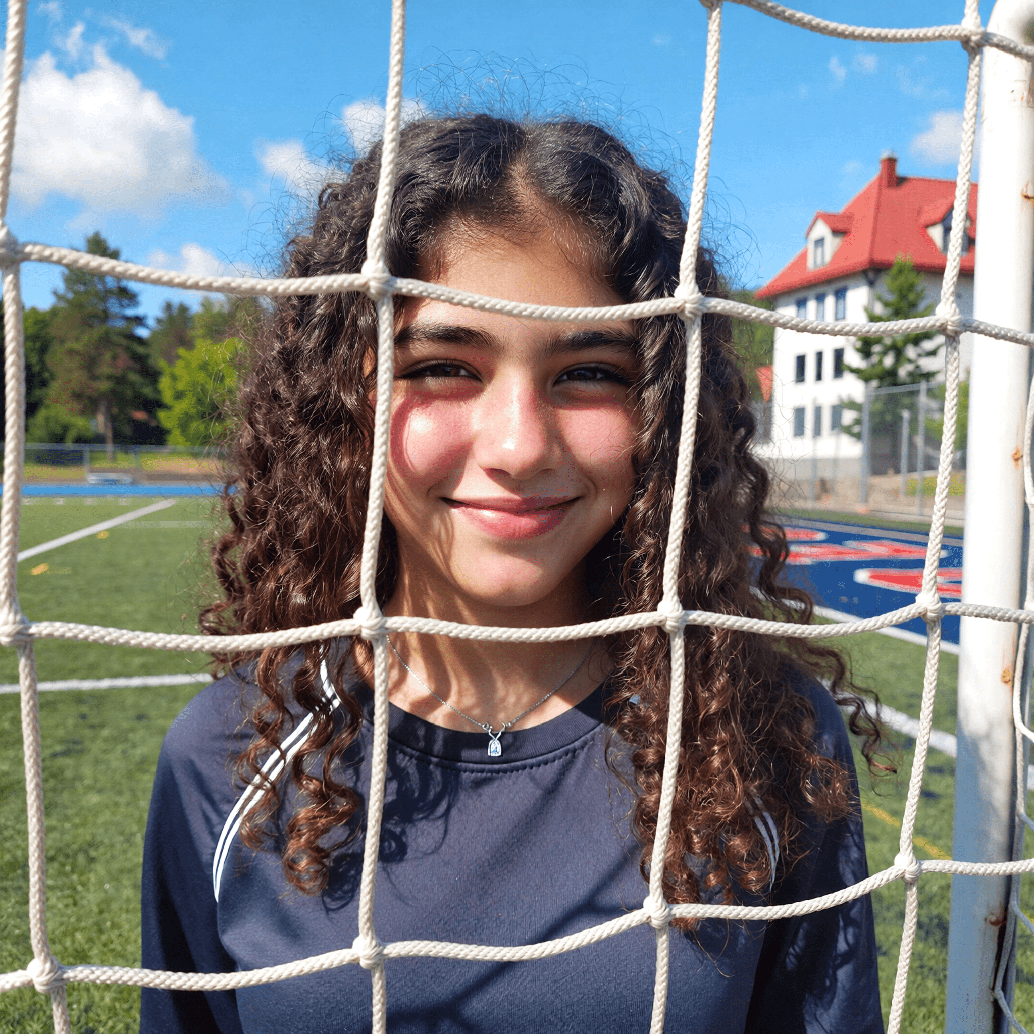 A photorealistic, candid-style, sun-drenched close-up portrait of a cheerful teenage girl of Mediterranean descent, viewed through the white, thick-roped mesh of a soccer goal net. Her face, framed by the knotted grid of the net, features luminous fair olive skin, expressive dark brown eyes looking directly at the camera, and a cascade of voluminous, dark curly hair. She has a gentle, closed-mouth smile. The scene is illuminated by bright, direct midday sunlight, creating a sun-kissed glow and sharp highlights on her cheeks and nose. She wears a navy blue athletic long-sleeve shirt with two thin white stripes on the shoulder, and a delicate silver necklace with a small, pale blue teardrop pendant is visible. The background shows a vibrant athletic field with green turf and a blue track, green trees, and a large white institutional building with a steep red roof, all under a brilliant blue sky with faint clouds. The entire composition is presented within a thin black frame with a subtle worn texture and rounded corners..