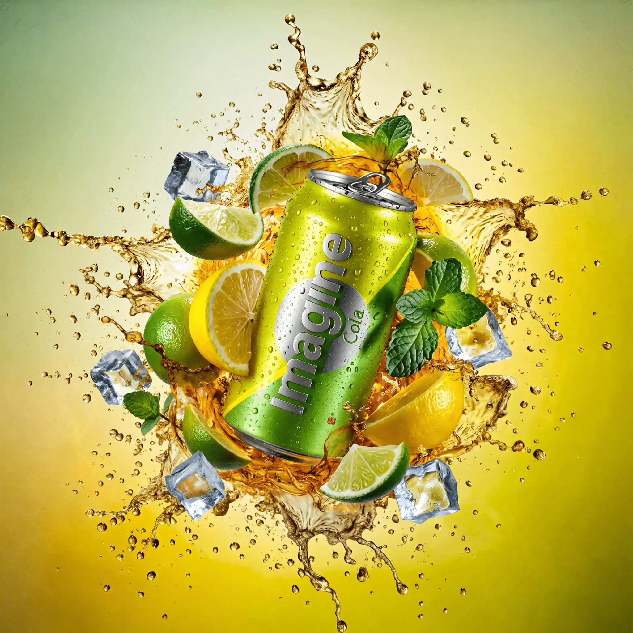 A hyper-realistic and dynamic commercial product photograph, captured with high-speed photography, featuring a beverage can as the central focus. The single, metallic aluminum can is tilted diagonally and showcases a vibrant gradient from lime green at the top to lemon yellow at the bottom, covered in crisp, glistening droplets of condensation. Prominently displayed vertically on the can is the white and green text "Imagine Cola" in a modern, stylized font. The can is surrounded by a spectacular, frozen-in-time splash of golden-brown cola that erupts outwards in a circular composition. Interspersed and suspended artistically within the liquid splash are fresh, juicy green lime wedges, bright yellow lemon slices, several clear, realistic ice cubes, and fresh sprigs of green mint. The background is a clean, smooth gradient transitioning from a pale, light green at the top to a bright, sunny yellow at the bottom. The lighting is bright and professional, characteristic of studio advertising, making every element look refreshing and vibrant. The entire image is framed with a thin, dark, worn border with rounded corners.