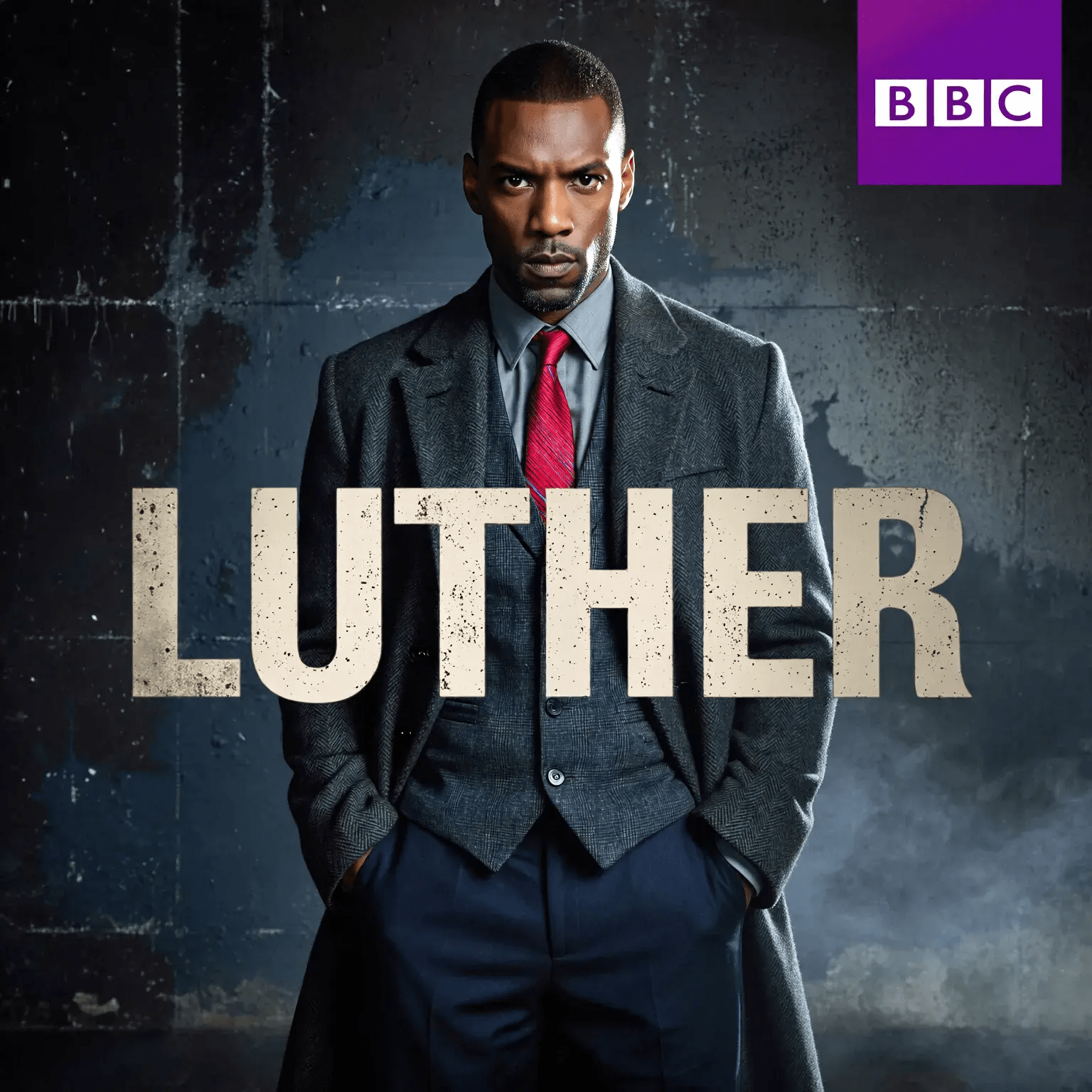 A photorealistic, cinematic medium-long shot of actor Idris Elba as the character John Luther, standing confidently against a dark, gritty, industrial concrete wall with a distressed texture. He faces the camera directly with a powerful and intense, brooding stare, his hands casually tucked into the pockets of his dark navy blue trousers. Dressed in his iconic attire, he wears a dark grey tweed overcoat over a matching waistcoat, a light grey dress shirt, and a striking, textured red tie that provides a single pop of vibrant color in the otherwise cool and desaturated color palette. The lighting is dramatic and moody, with a strong key light from the left creating a high-contrast, chiaroscuro effect that casts deep shadows across the right side of his face and body. The word "LUTHER" is emblazoned across the center of the image in a large, bold, sans-serif font with a distressed, cracked off-white texture. In the top right corner, a purple square contains the white BBC logo. The entire composition has a subtle dark vignette and a thin, worn border with rounded corners.