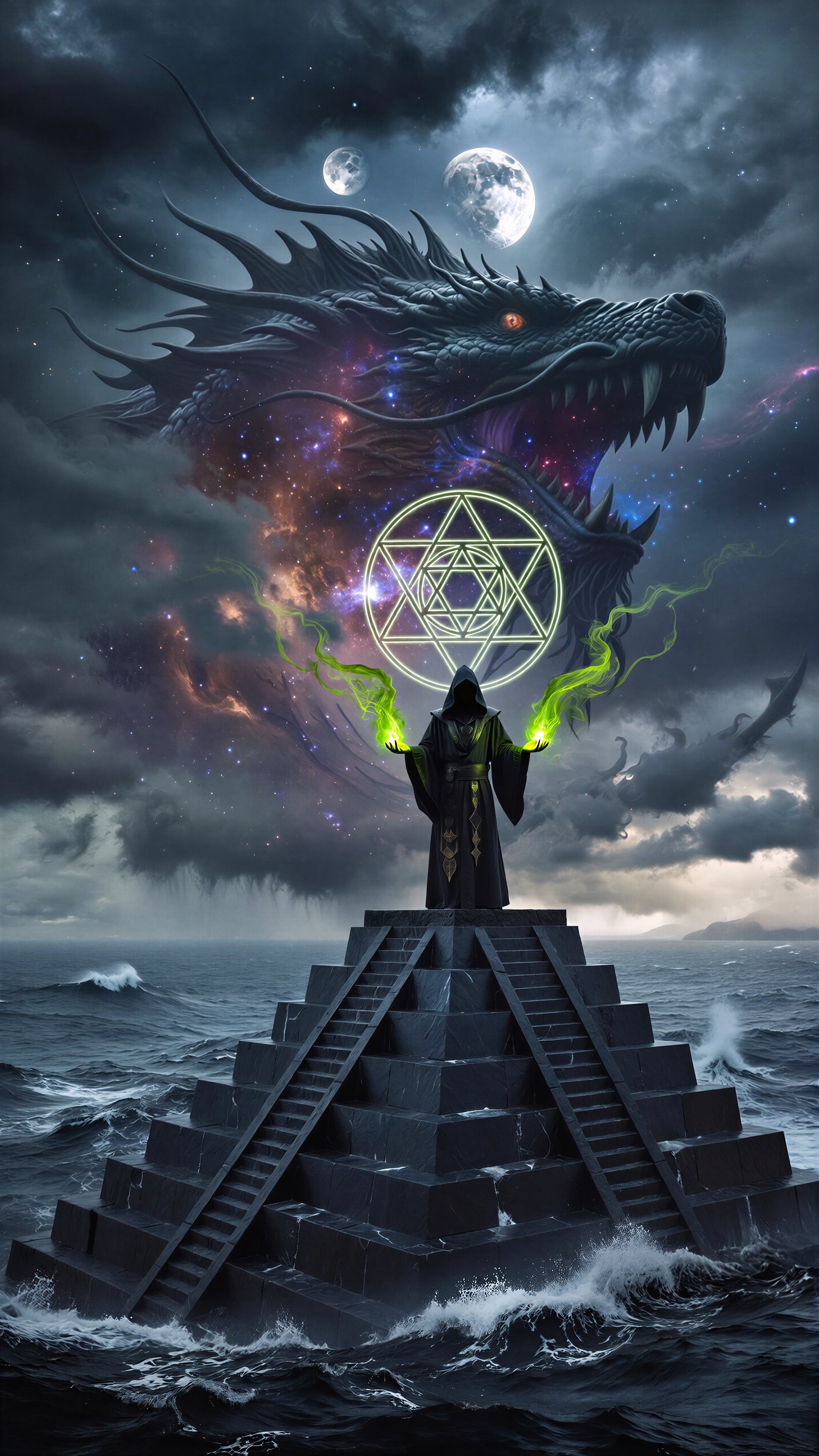 A lone, hooded acolyte stands at the peak of an obsidian ziggurat, performing a ritual under a sky of swirling nebulae and two moons. Below, a churning, ink-black sea crashes against the monolithic structure. Tendrils of sickly green, ethereal energy rise from the acolyte's hands, coalescing in the air to form an impossible non-euclidean symbol. The form of a forgotten, colossal leviathan is subtly hinted at in the storm clouds above. The atmosphere is ominous, dreadful, and charged with cosmic power.