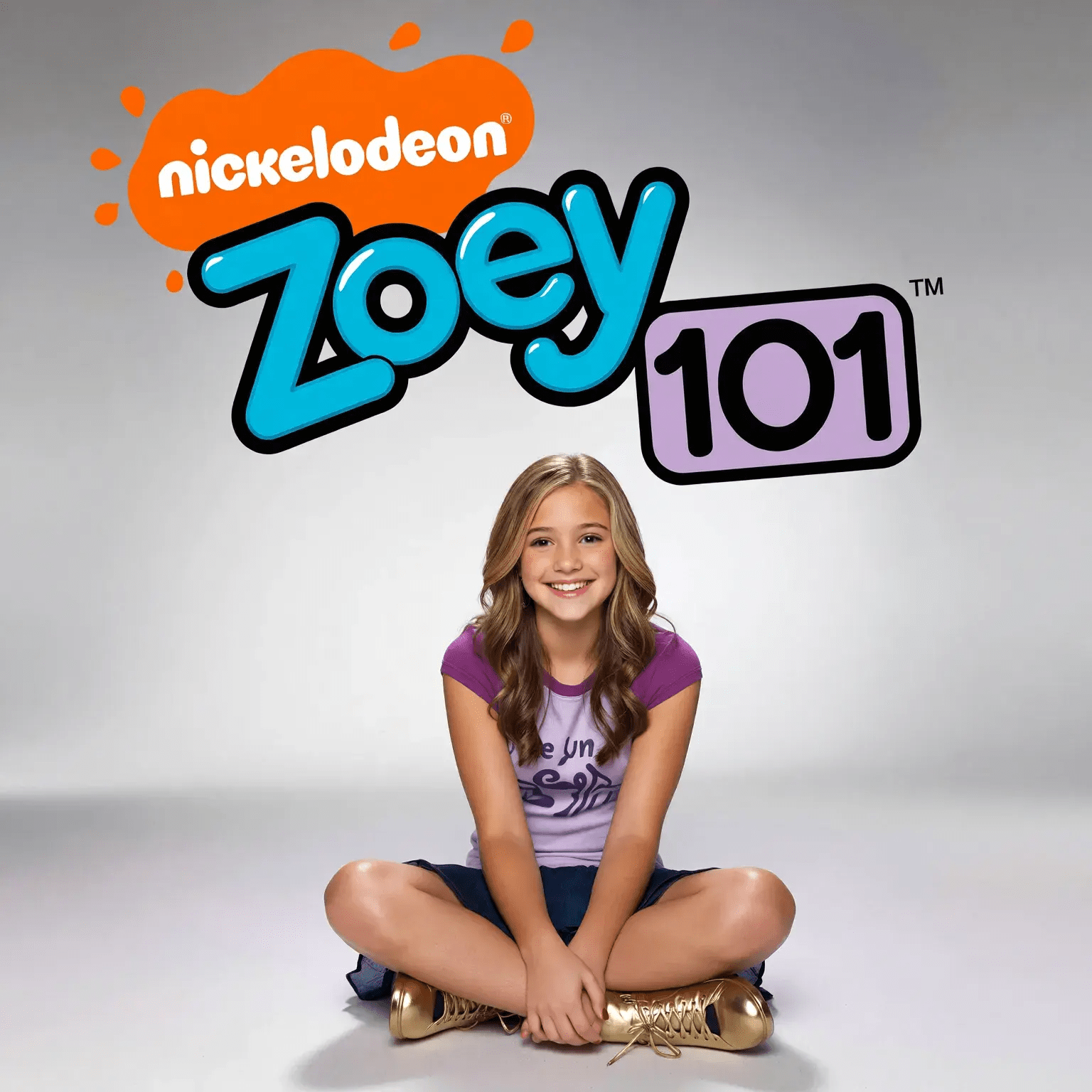 A high-resolution, ultra-detailed promotional poster for the early-2000s Nickelodeon TV show "Zoey 101," capturing the distinct glossy, clean, and optimistic aesthetic of the era. The central figure is a young Jamie Lynn Spears as Zoey, sitting on the floor against a minimalist studio background with a light grey to white vertical gradient. She is posed perfectly centered, cross-legged with ankles crossed, smiling warmly and directly at the camera. Her long, straight honey-blonde hair is parted in the middle and frames her face. Her attire consists of a light purple t-shirt with darker purple cap sleeves and a subtle graphic, a dark blue denim mini-skirt, and eye-catching, shiny metallic gold high-top sneakers with tied laces. The lighting is classic high-key studio lighting—bright, soft, and even, creating minimal shadows and a clean, airbrushed look on a seamless, slightly reflective white floor. Floating prominently above her head is the show's title: the iconic orange Nickelodeon "splat" logo is in the top left, while the main title features "Zoey" in a large, bubbly, rounded font colored vibrant cyan blue with a thick black outline and white inner highlights for a 3D effect. To the right, "101" is in a bold black font inside a lavender-purple rounded rectangle, also outlined in black. The entire composition is encased in a thin, dark, weathered frame with rounded corners.